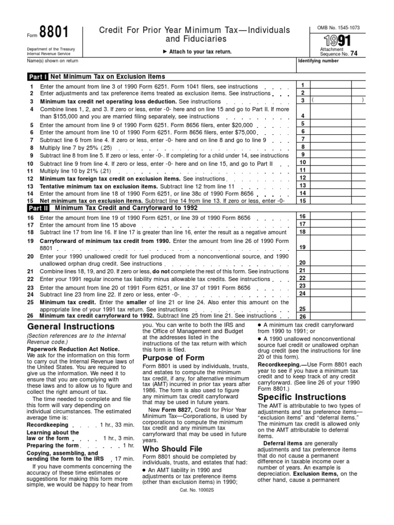 US Internal Revenue Service f8801 1991 PDF Alternative Minimum