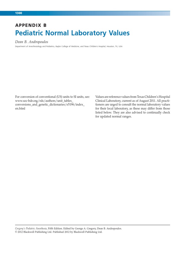 Pediatric Normal Laboratory Values PDF Creatinine Immunoglobulin G