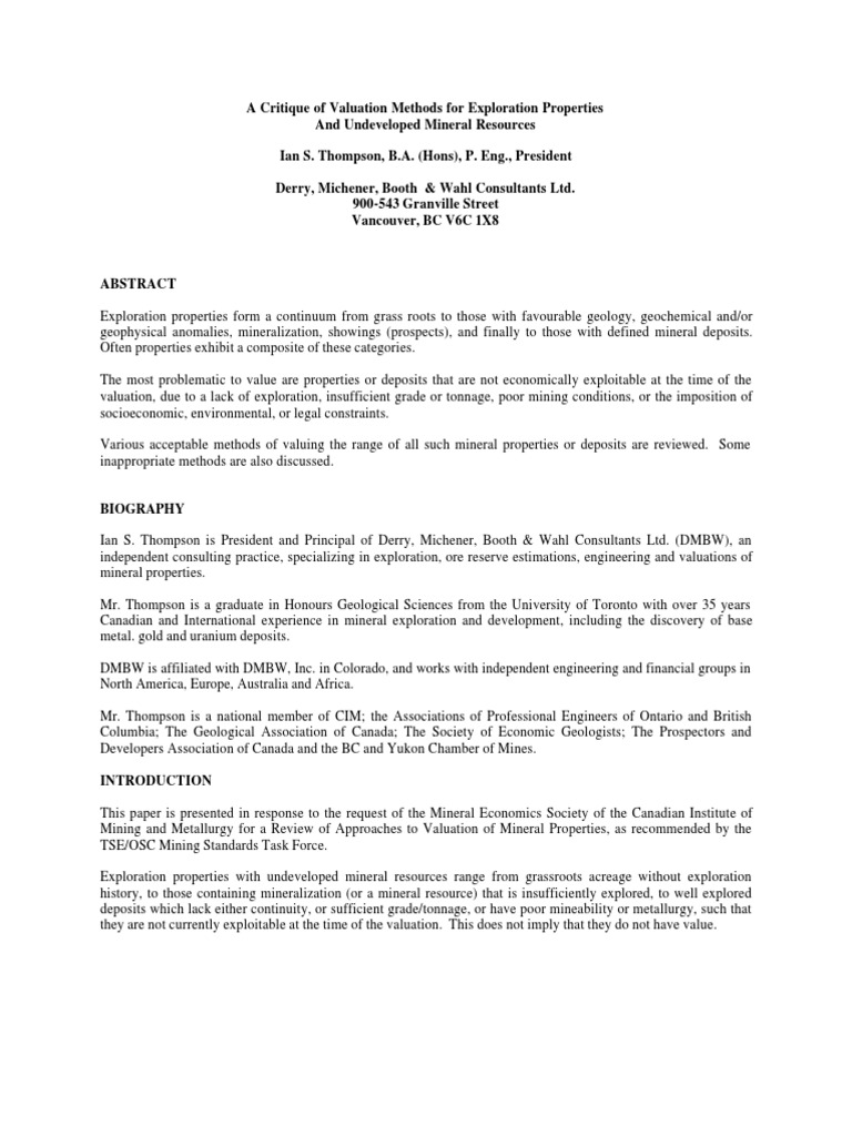 Ian Thompson A Critique of Valuation Methods For Exploration