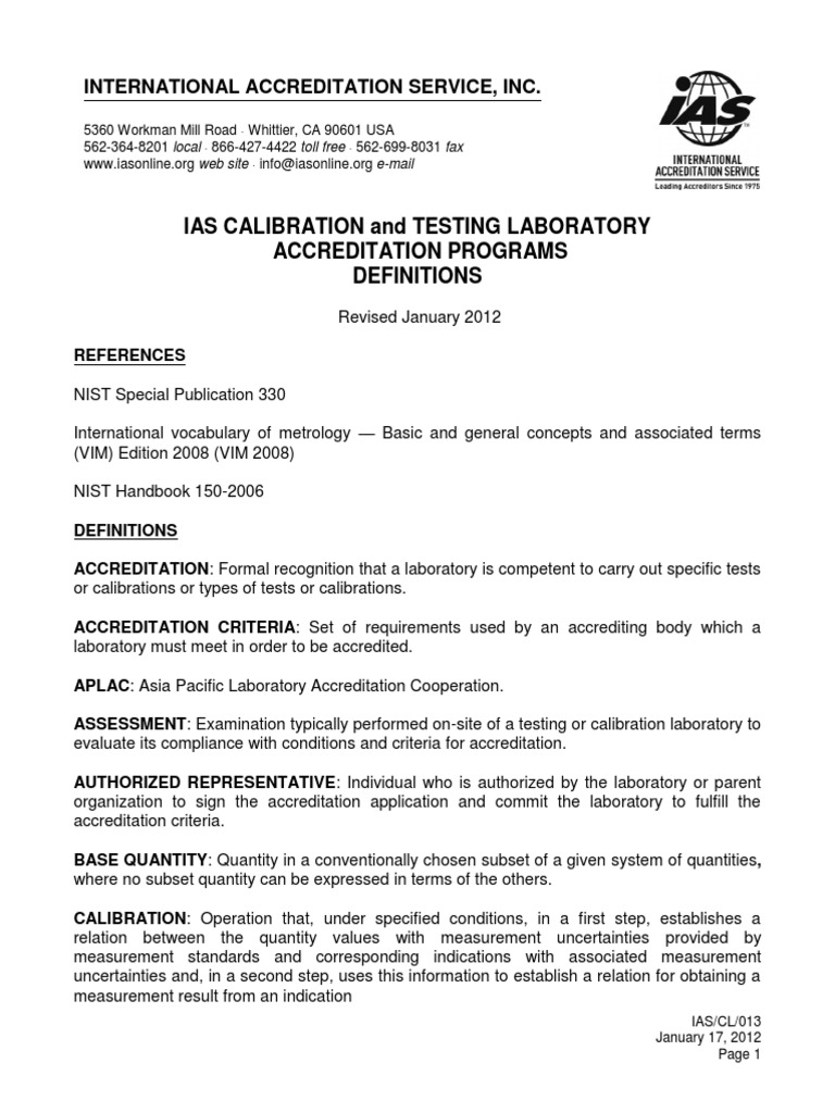 IAS Calibration & Testing Definitions | PDF | Calibration | Metrology