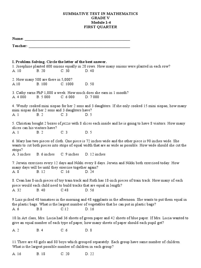 Summative Test in Mathematics Grade V Module 1-4 First Quarter Name ...