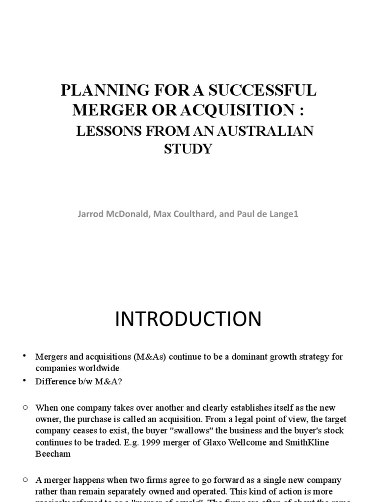 Planning For A Successful Merger or Acquisition:: Lessons From An ...