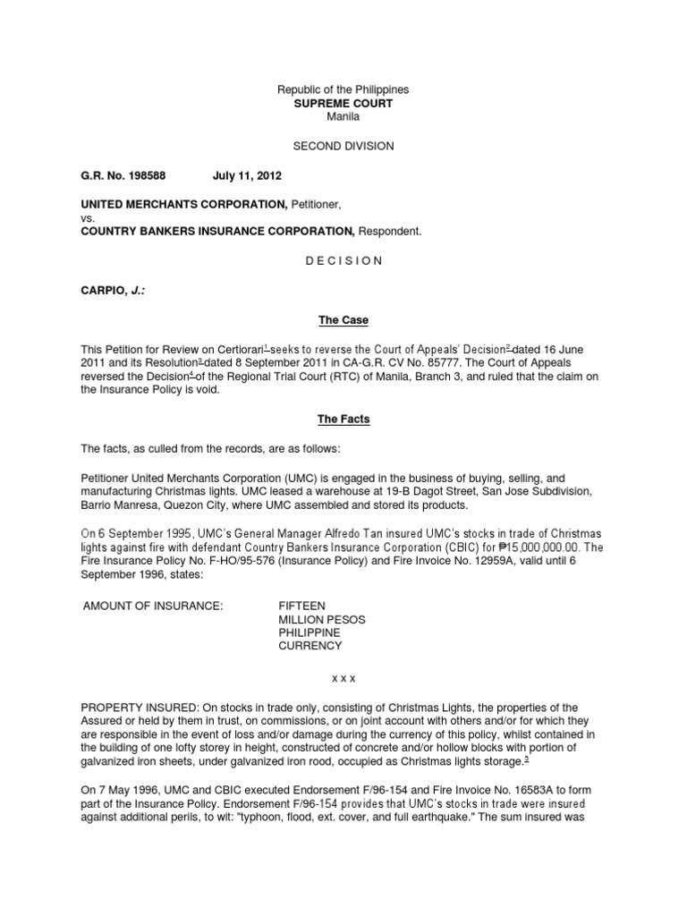 3 United Merchants Corp vs. Country Bankers Insurance PDF Burden Of