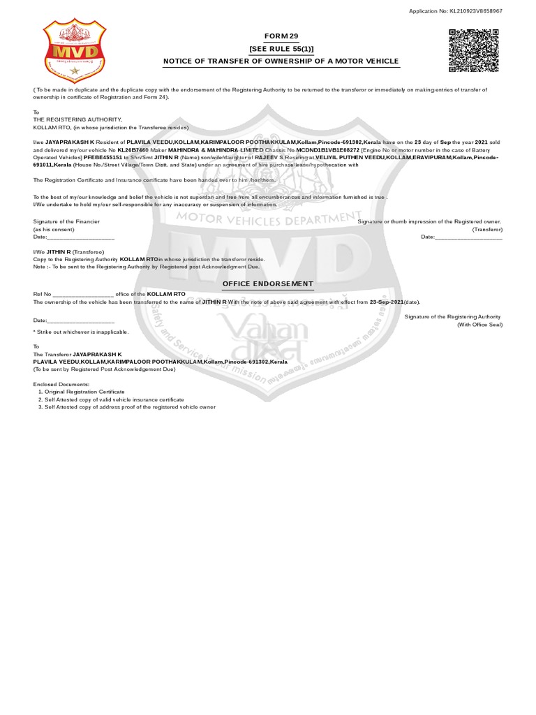Vehicle Ownership Transfer Form 29 | PDF | Transport | Vehicles
