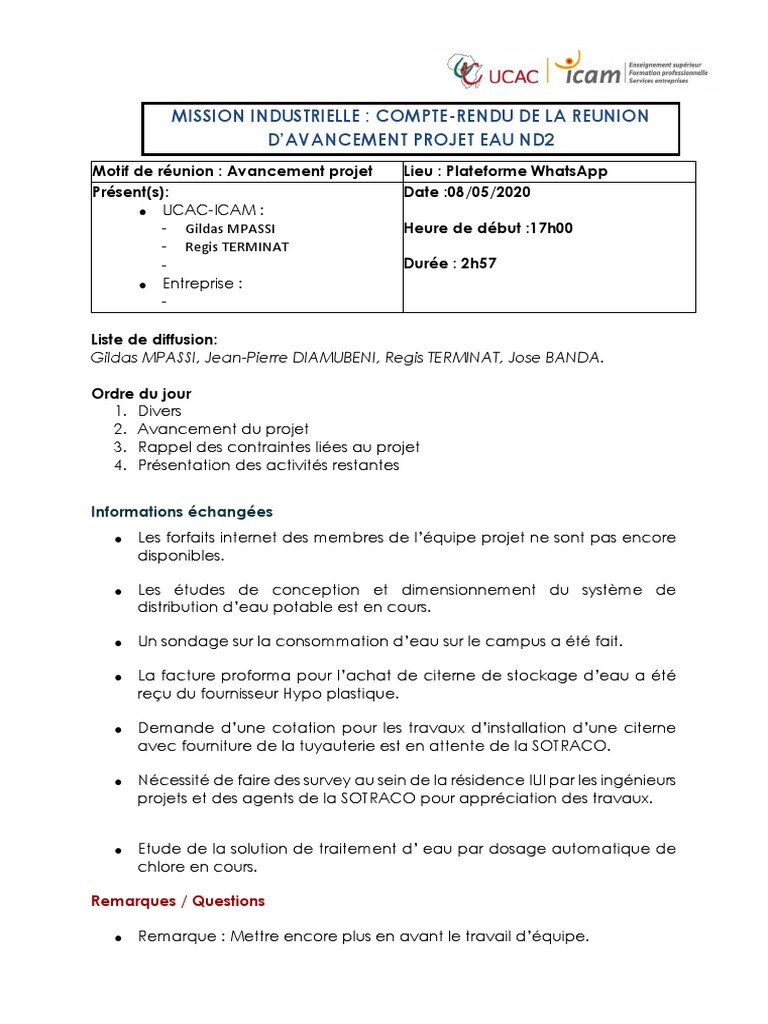 Compte rendu réunion avancement projet | PDF | Sciences et mathématiques