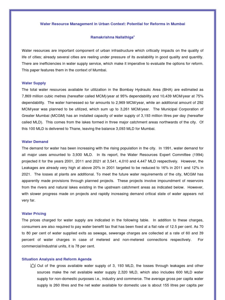Water Resource Management in Mumbai | PDF | Water Resources | Water Supply