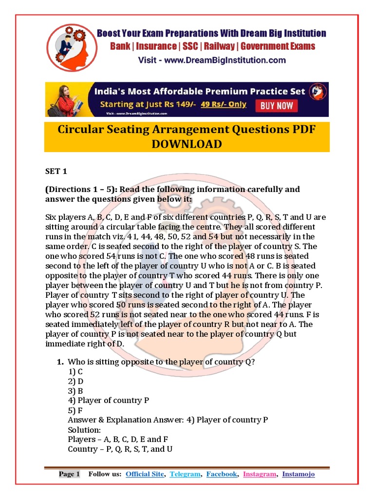 Circular Seating Arrangement Questions PDF PDF