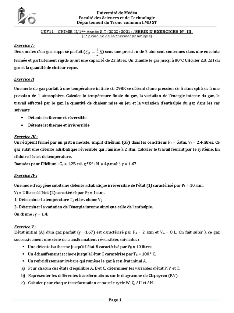 Exercices de Thermodynamique en Chimie II | PDF | Chaleur | Enthalpie