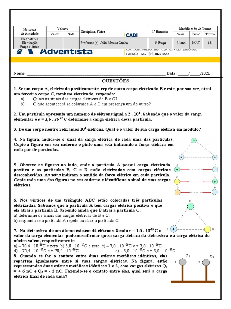 Atividades de Eletrostática para 8º Ano | PDF | Carga elétrica ...