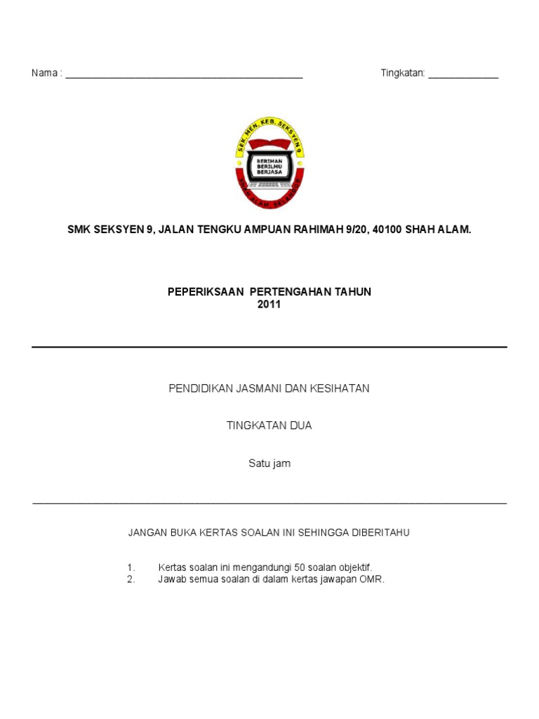 Peperiksaan Pertengahan Thn PJK Tingkatan 2