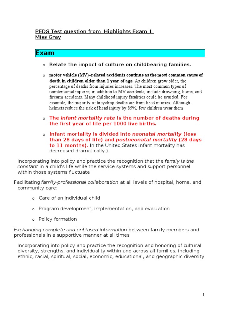 Exam 1 PEDS Test Question From Highlights | PDF | Child Care ...