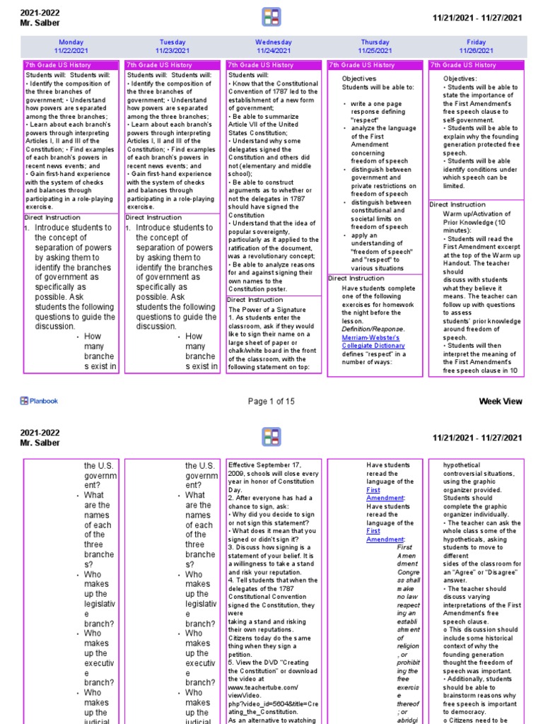 7th Grade US History Lesson Plans Q2 Week 7 PDF First Amendment To