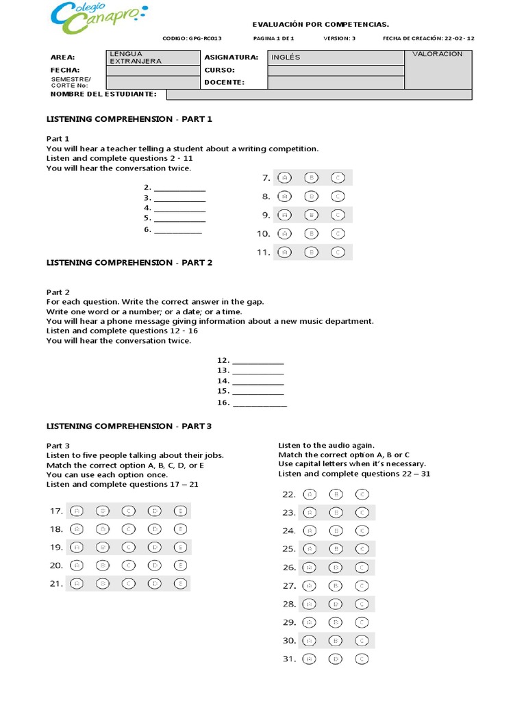 Listening English Ket Test - Answer Sheet | PDF