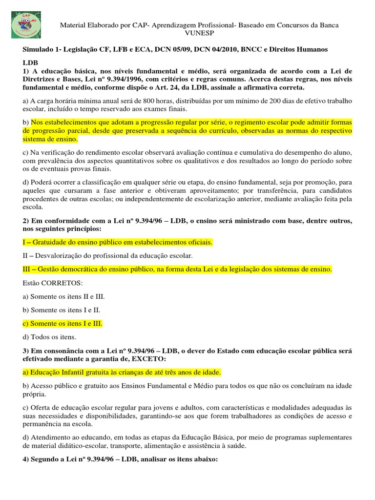Simulado 1 Legislação Gabarito | PDF | Pré-escola | Pedagogia