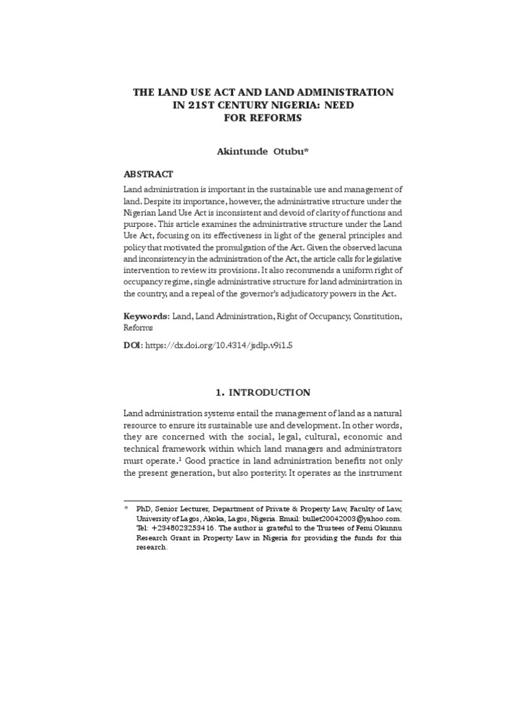 The Land Use Act and Land Administration in 21St Century Nigeria Need
