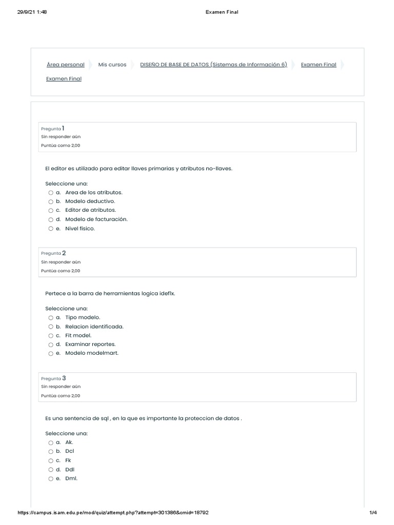 Examen Final Diseño de Bases de Datos | PDF | Bases de datos | SQL