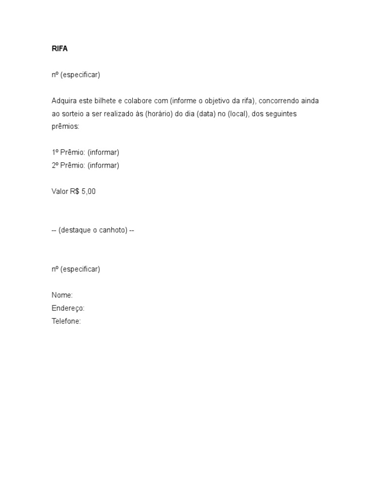 Modelo de Bilhete de Rifa para Imprimir | PDF