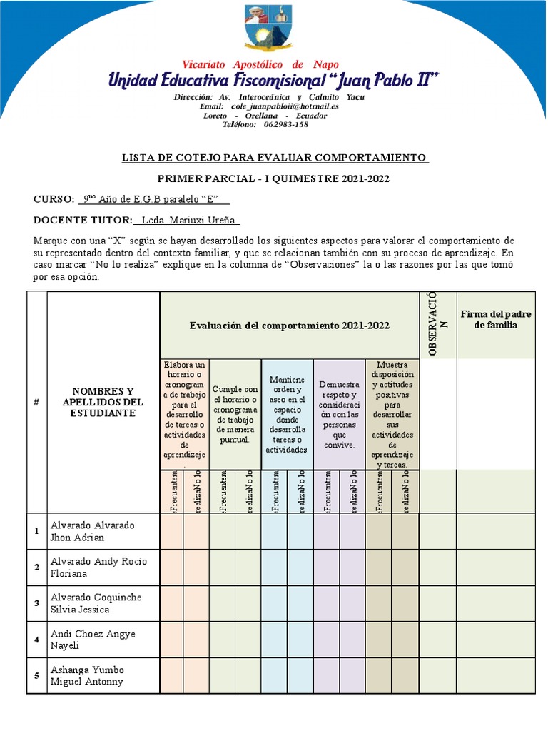 Formato Evalcomportamiento Lista de Cotejo PPFF | PDF | Psicología ...