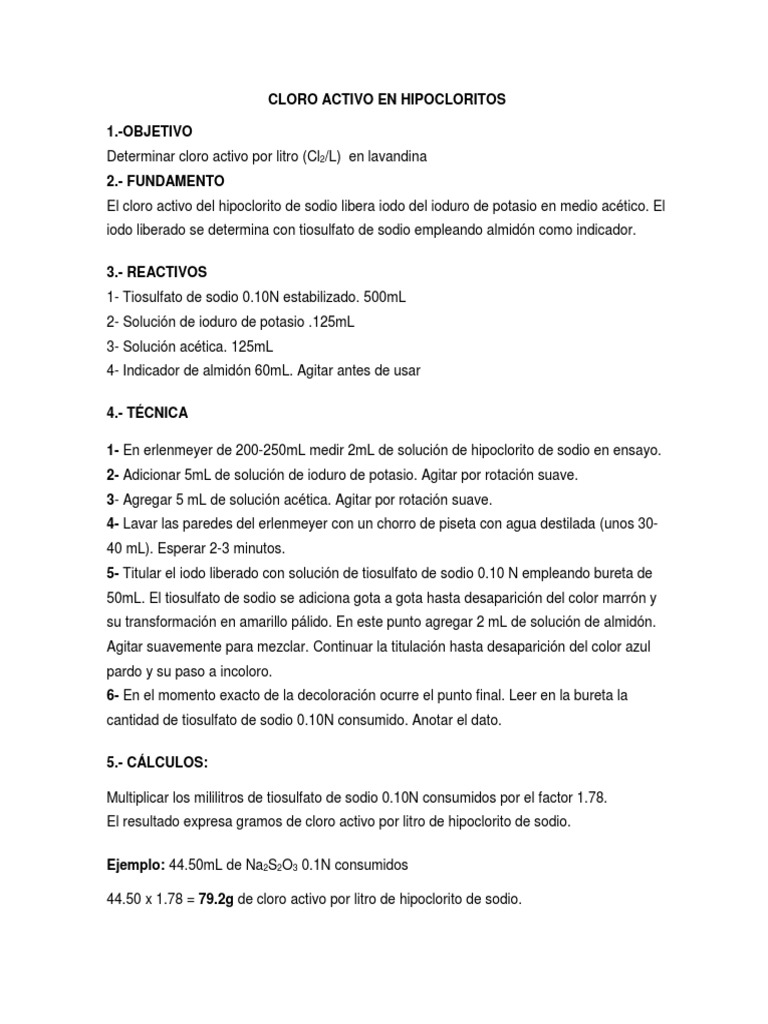 Cloro Activo en Hipocloritos PDF Cloro Blanqueador
