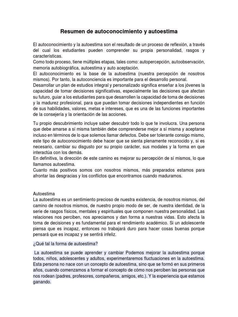 Resumen de Autoconocimiento y Autoestima | PDF | Autoestima | Conceptos ...