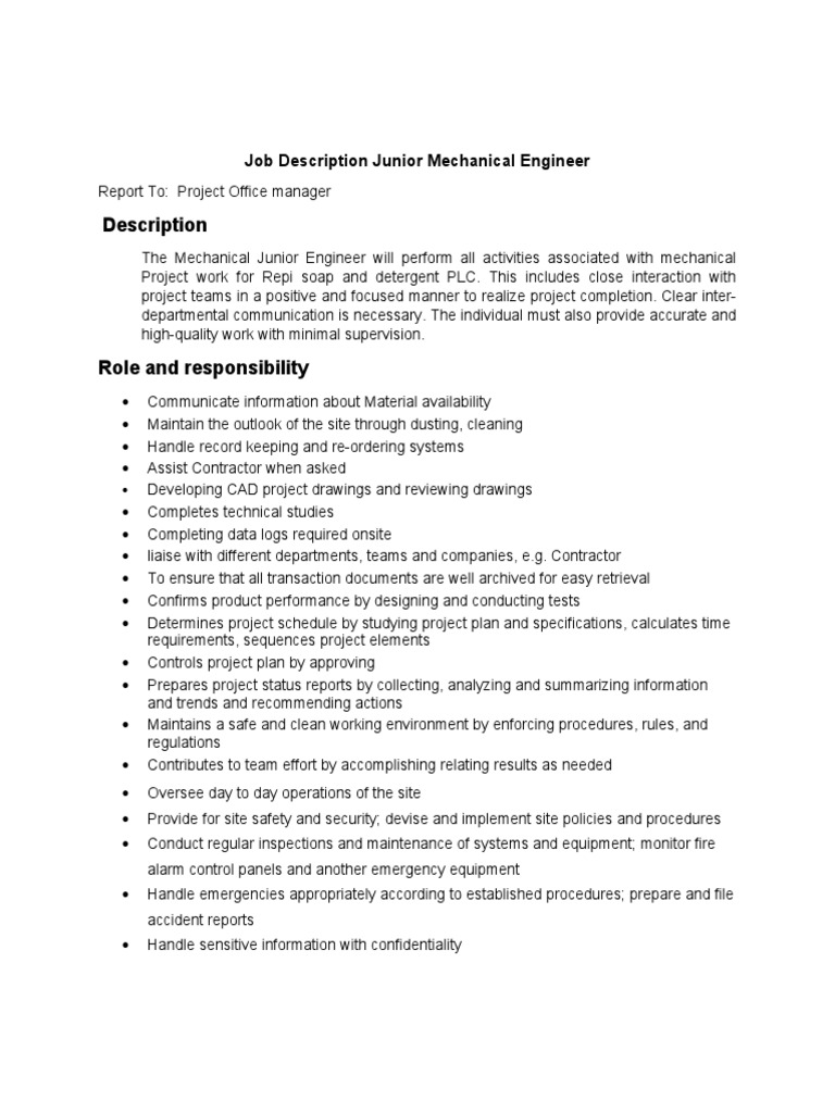 Junior Mechanical Engineer Job Description | PDF | Engineer ...