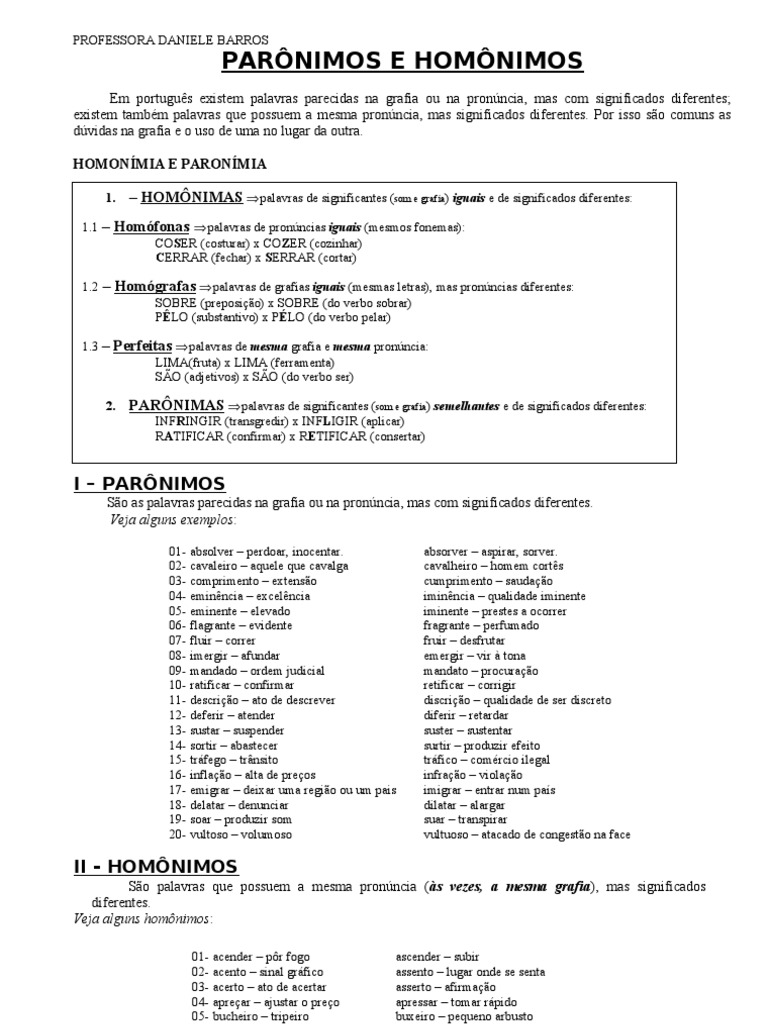Homônimos e Parônimos: Diferenças entre Palavras de Grafia ou Pronúncia ...