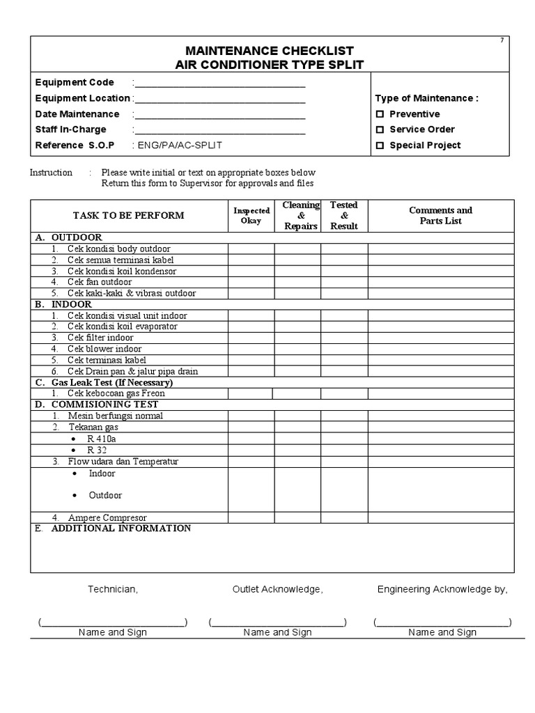 Maintenance Checklist Air Conditioner Type Split: Inspected Okay | PDF