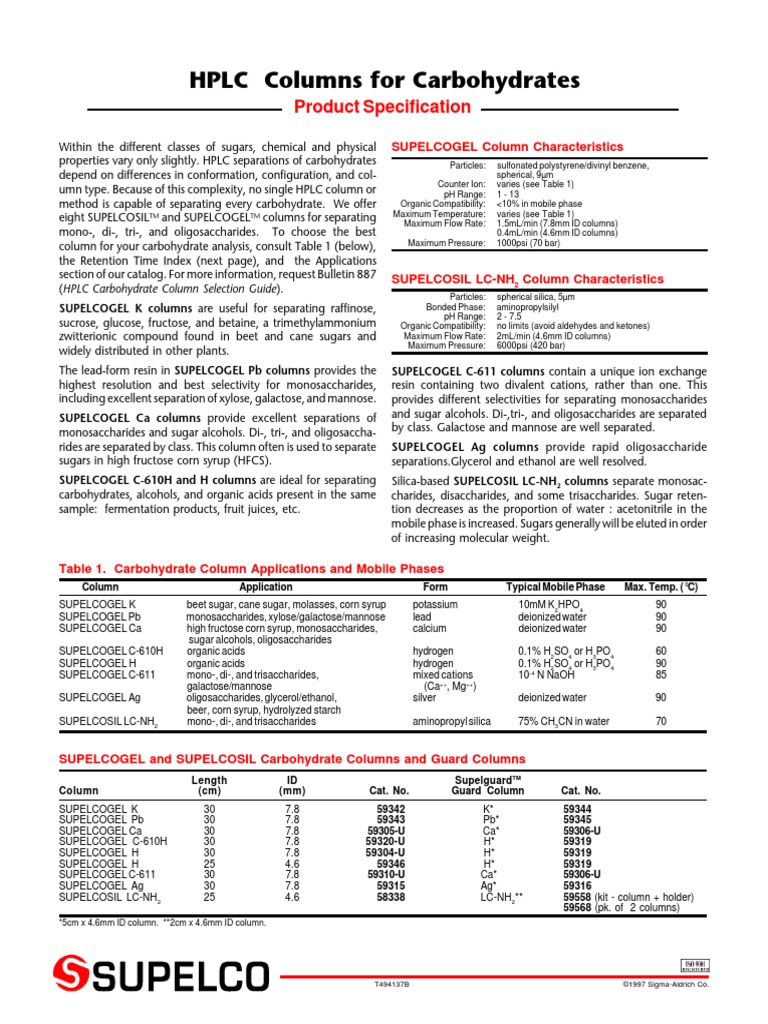 HPLC Columns For Carbohydrates Product Specification PDF