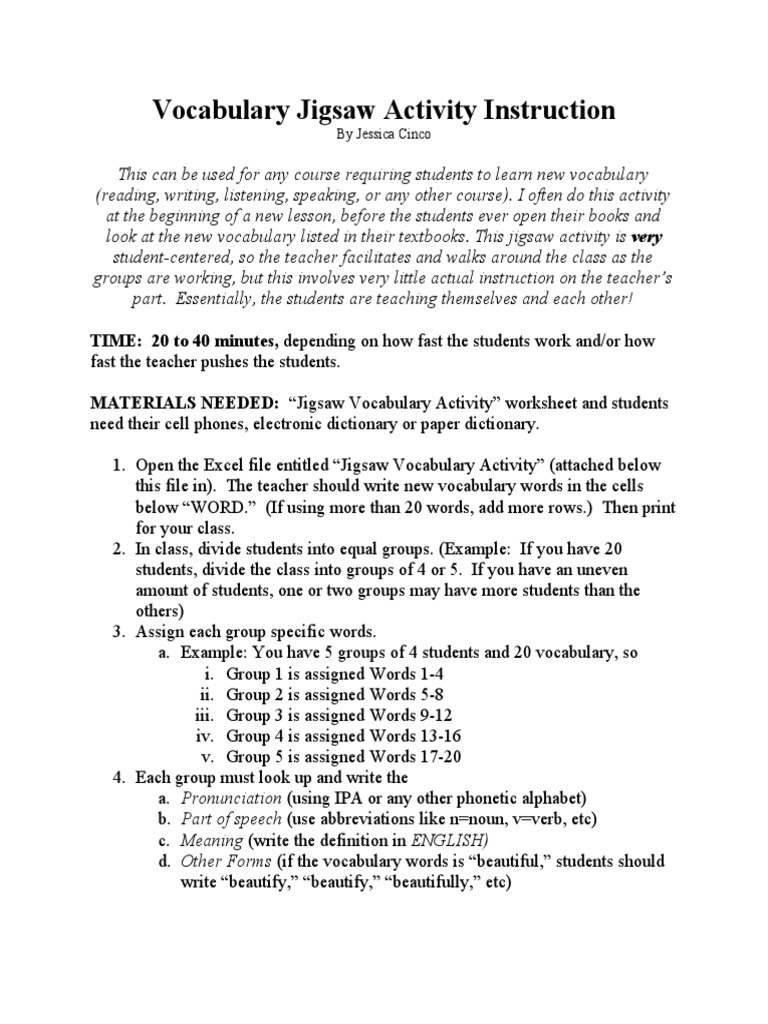 Vocabulary Jigsaw Activity Instructions PDF Vocabulary Teachers