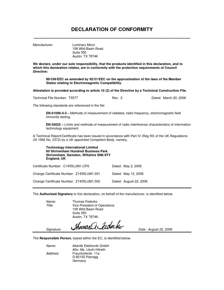 Luminary Micro EMC Declaration 2006 | PDF | Technology & Engineering