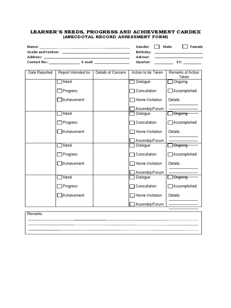 Anecdotal Record Assessment Form | PDF | Career & Growth