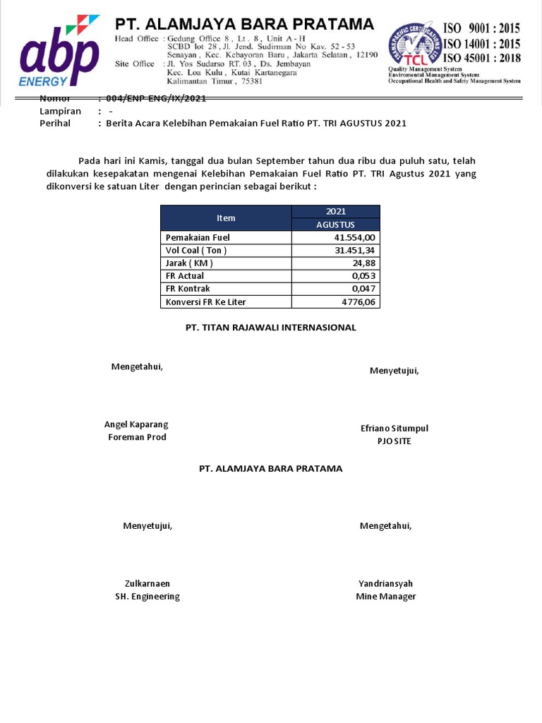 Berita Acara Fuel Ratio PT. TRI Agustus 2021 | PDF