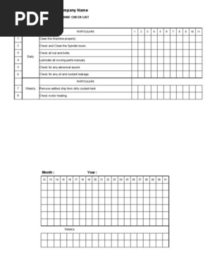 Daily Machine Check List - Lathe Machine
