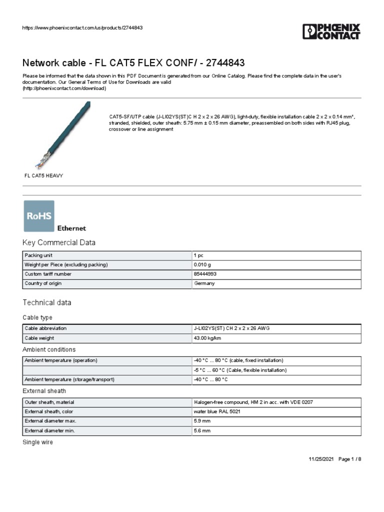 Network Cable - FL CAT5 FLEX CONF/ - 2744843: Key Commercial Data | PDF ...