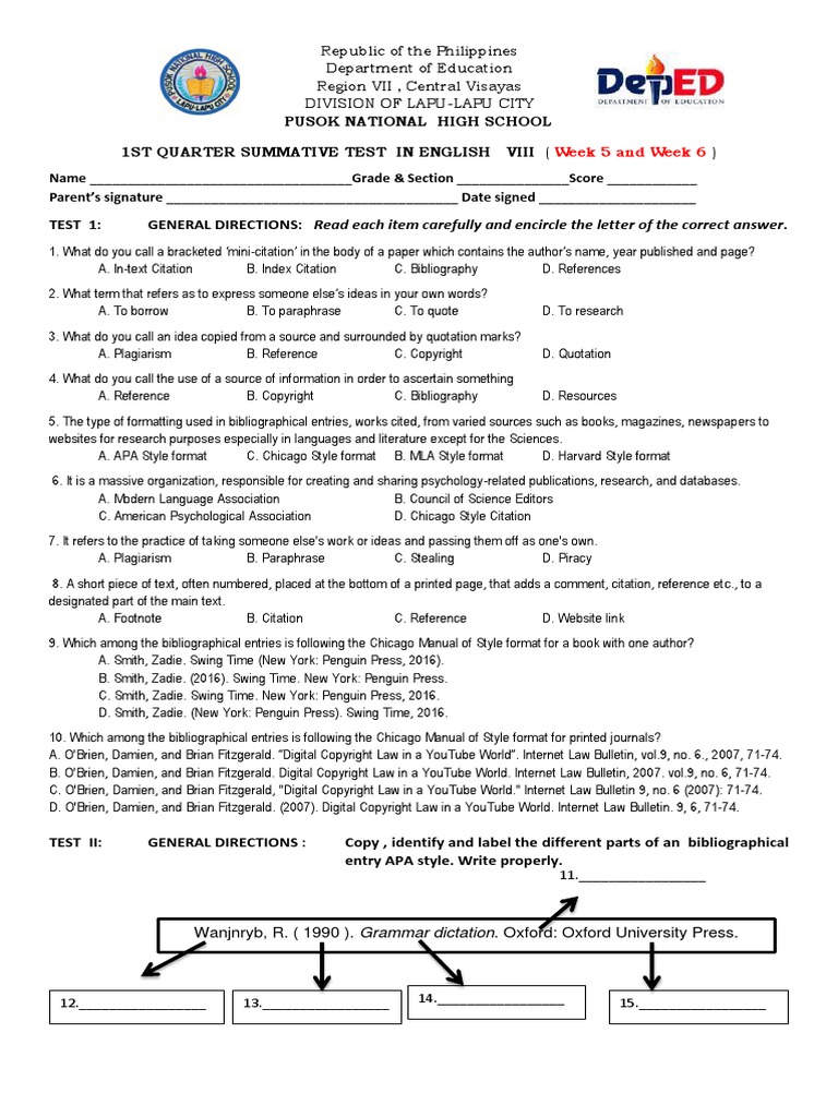 SUMMATIVE TEST - Week 5 N 6 | PDF | Citation | Linguistics