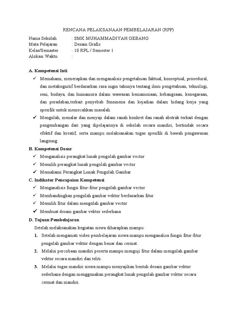 RPP Dasar Design Grafis Kelas 10 Semester 1 | PDF