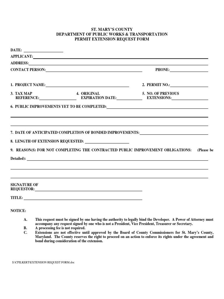 St. Mary's County Permit Extension Form | PDF | Finance & Money ...