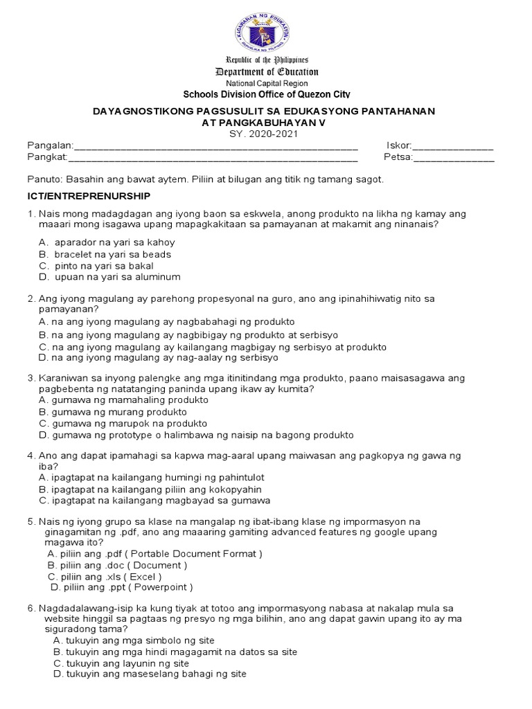 EPP 5 Diagnostic Test S.Y. 2021 2022 Wo Answer Key | PDF