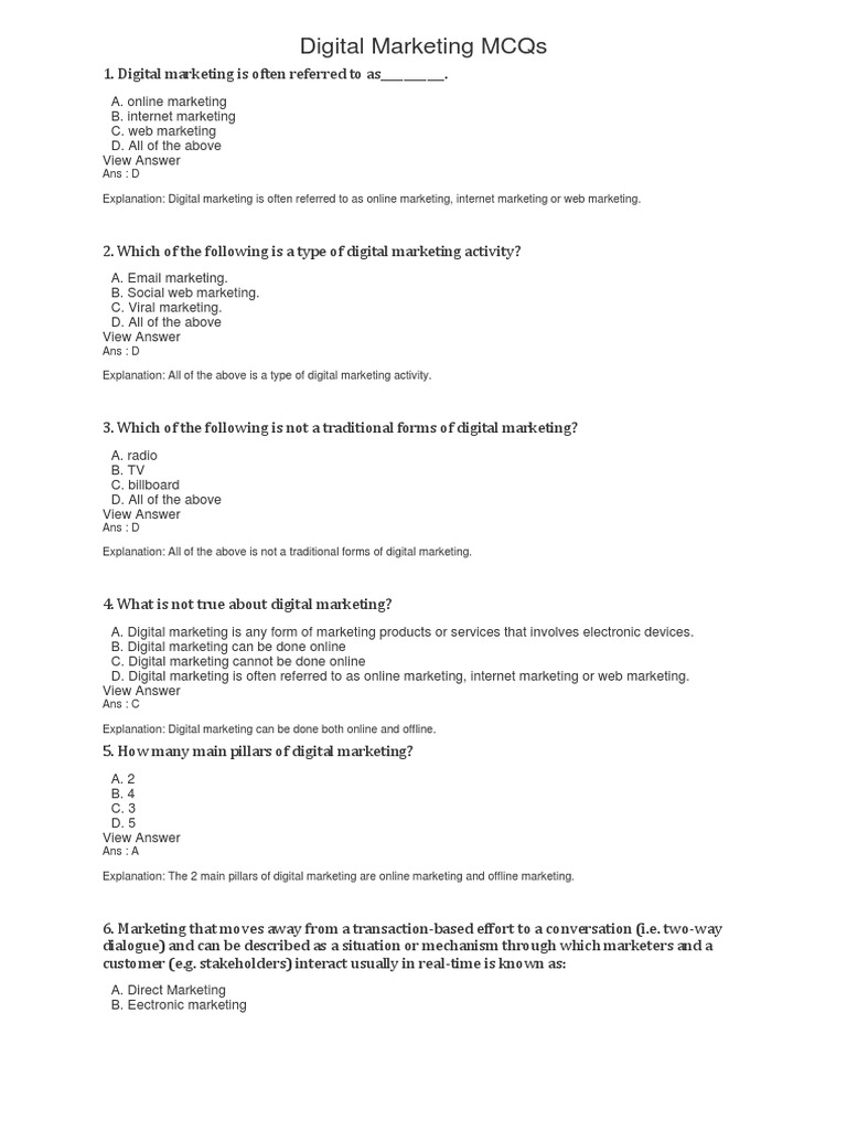 Digital Marketing MCQs PDF Digital Marketing Online Advertising