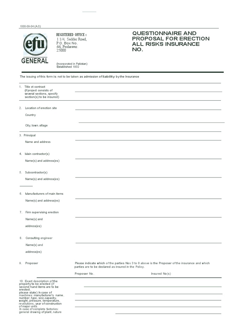 General: Questionnaire and P Oposal For Erection All Risks Insurance NO | Download Free PDF ...