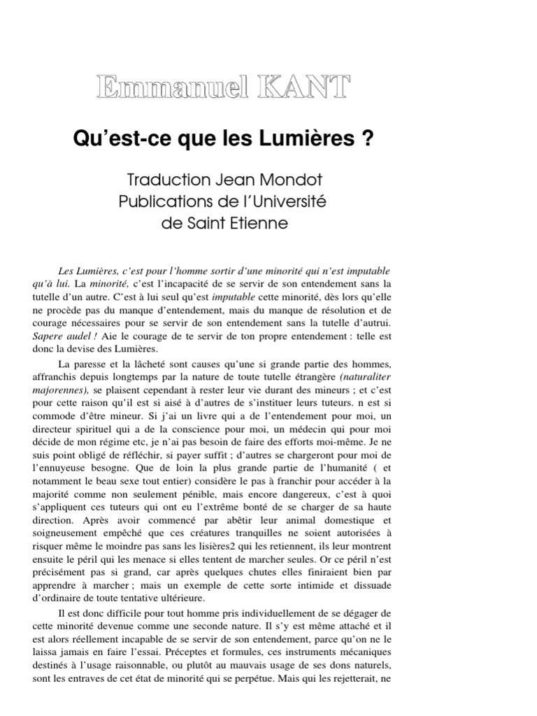 Kant Qu' Est Ce Que Les Lumieres PDF État Raison