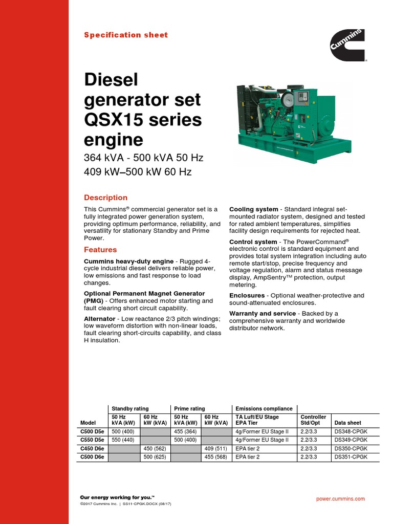 Diesel Generator Set QSX15 Series Engine: 364 kVA - 500 kVA 50 HZ 409 ...