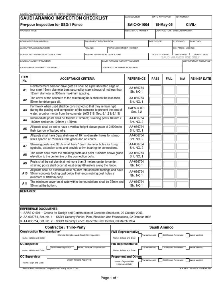 SAIC O-1004 Pre-Pour Inspection Record | PDF