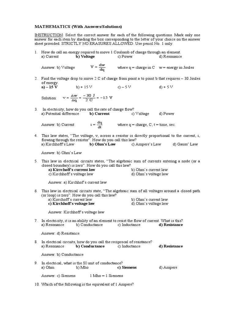 MATHEMATICS (With Answers/Solutions) : B) Voltage | PDF | Set ...