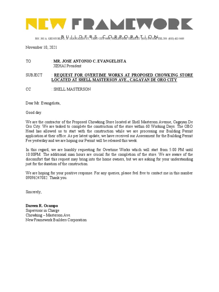 Request Letter For Overtime | PDF
