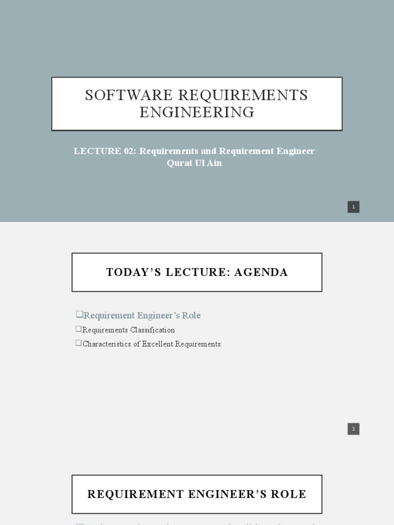 Software Requirements Engineering LECTURE 02 Requirements and Requirement Engineer Qurat Ul