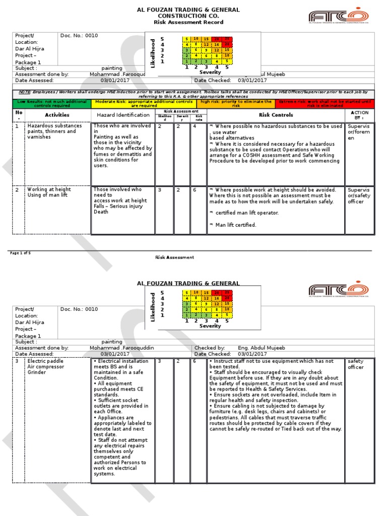 PAINTING Risk Assessment PDF Occupational Safety And Health Safety