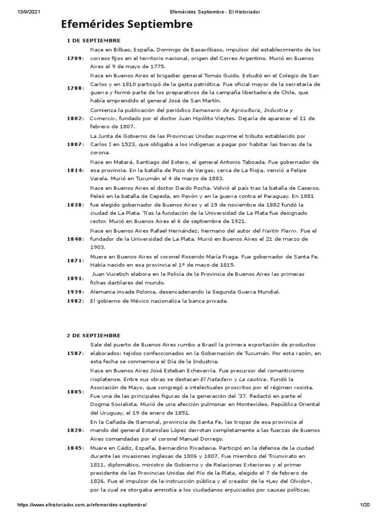 Efemérides Septiembre El Historiador Pdf Buenos Aires Argentina