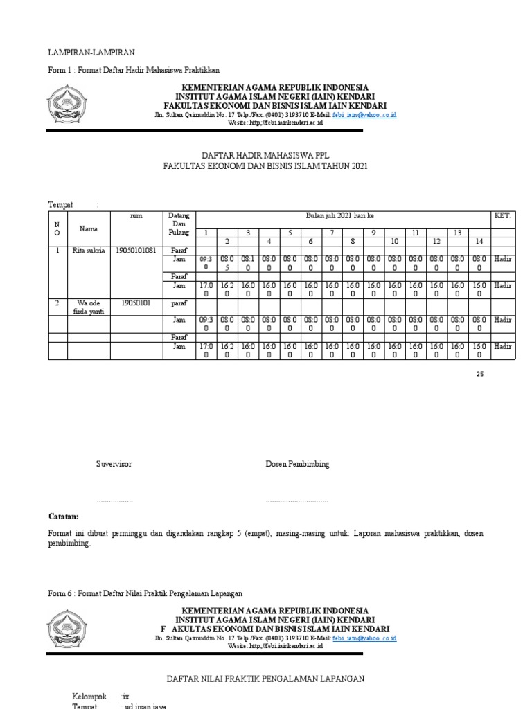 Daftar Hadir Mahasiswa PPL IAIN Kendari | PDF