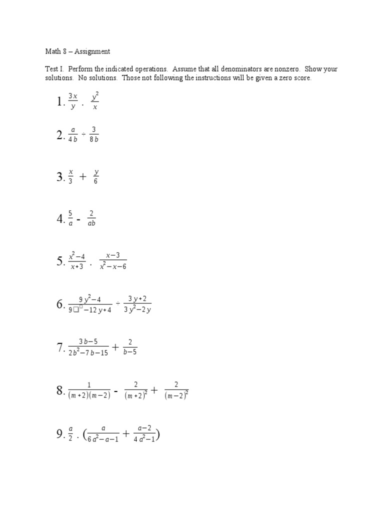 Math 8 Assignment in Rational Expressions | PDF | Arithmetic ...